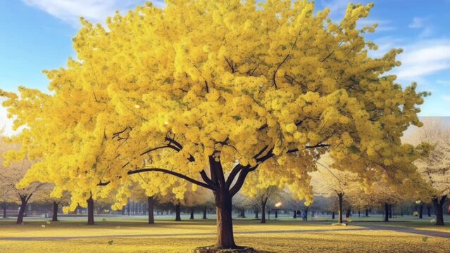 beautiful and large flowering yellow cherry tree. beautiful panorama in autumn. seamless looping time-lapse virtual video animation background. Generated AI