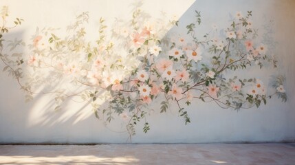 A composition of flowers and their shadows against a textured wall