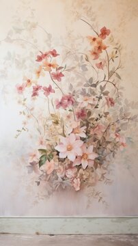 A composition of flowers and their shadows against a textured wall