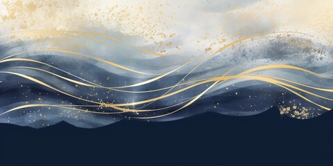 Japanese style background with image like rough sea, blue and gold abstract, Generative AI