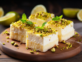 small squares of lemon and coconut cheesecake with pistachios.