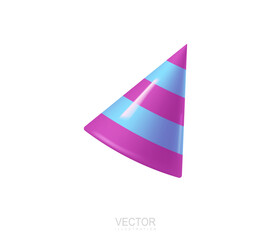 Striped cone hat birthday festive celebration headdress accessory. Realistic 3d icon vector illustration.