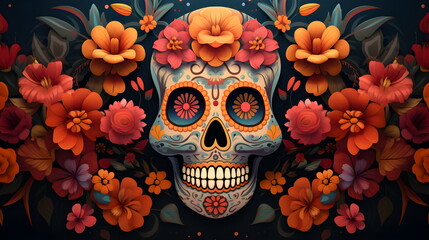 Skull in Mexican Halloween style. Flowers in warm shades. Orange, blue.