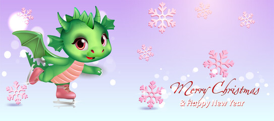 Adorable little dragon on ice skates. New Year greeting card design template