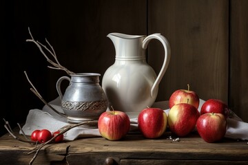 a milk jug with an apple on a wooden table. Generative AI