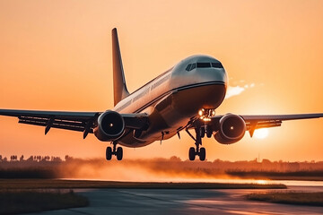 Fototapeta na wymiar Airplane takeoff at dawn. 