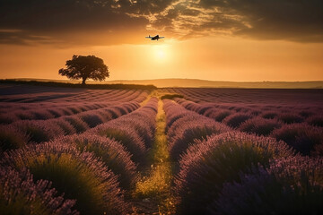View of a beautiful lavender field at sunset.