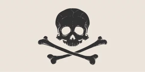  Death Skull Crossbones. Retro hand drawn white skull with cross bones on white pirate flag. Vintage poster with black skull skeleton on white background for celebration Halloween. Vector Illustration © foxysgraphic