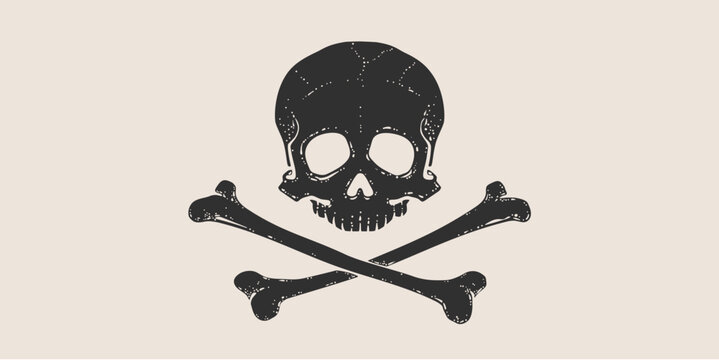Death Skull Crossbones. Retro hand drawn white skull with cross bones on white pirate flag. Vintage poster with black skull skeleton on white background for celebration Halloween. Vector Illustration