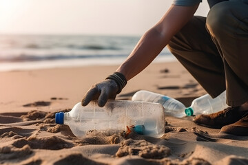 Cleaning up trash on the beach.  - obrazy, fototapety, plakaty