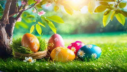 Beautiful colorful Easter eggs Easter Day in flat lay