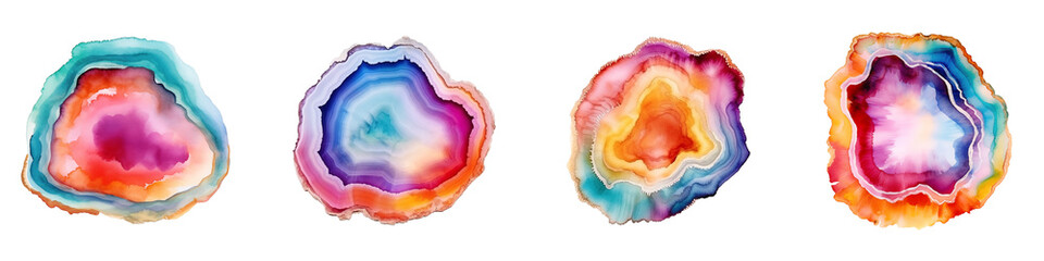 Rainbow Crystal Watercolor Geode slices illustration bundle clipart set Isolated on Transparent Background PNG, Crystal mineral design