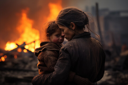 mother hugs her kid in despair amid war-torn city with fire flames - harsh realities of conflict