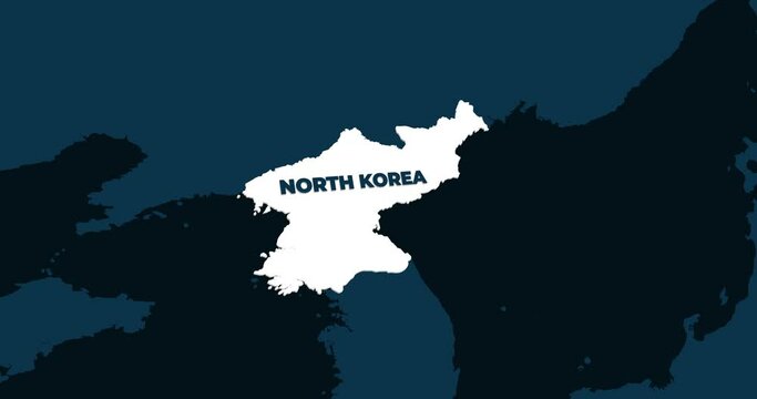 World Map Zoom In To North Korea. Animation in 4K Video. White North Korea Territory On Dark Blue World Map
