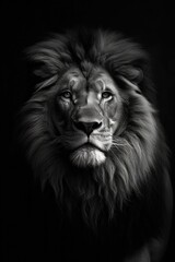 High resolution HD photo portrait of Lion, black background, detailed, generative AI	