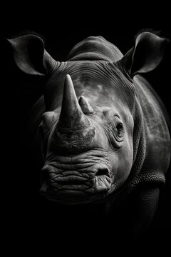 High resolution HD photo portrait of Rhino, black background, detailed, generative AI	