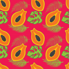 Papaya seamless pattern on white background. Exotic fruit vector illustration.