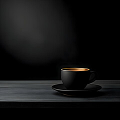 Obraz premium Side view of a black cup of coffee on a dark background minimalism. High-resolution