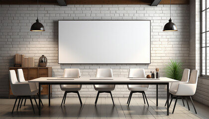 Modern meeting conference room with blank mockup board on wall. Interior of modern office meeting room, large conference table. 3d rendering. Teamwork,business,building,interior concept