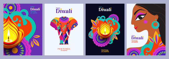 Happy Diwali Hindu festival modern design set with beautiful girl, elephant, oil lamps on colorful waves and flowers of lights. Holiday background for branding, card, banner, cover, flyer or poster - obrazy, fototapety, plakaty