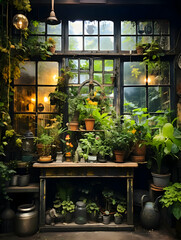Wall window with lots of plants. High-resolution