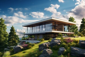Modern house, large windows, garden, rural area, beautiful sky. Generative AI