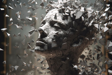 Fragmentary, destroyed human head sculpture abstract illustration