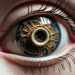 Detail to a modern or future eye prosthesis on the human eye, healthcare concept