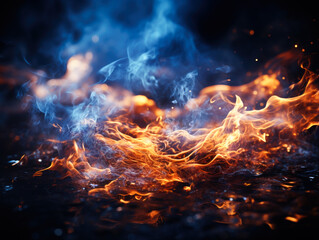 Abstract blue industrial background with flying fire particles.