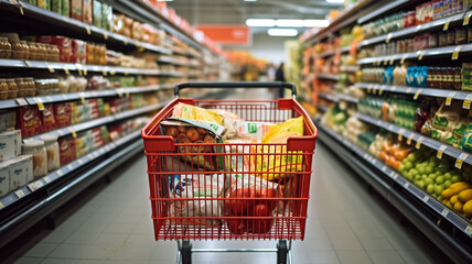 Shopping Cart in a Supermarket Aisle with Fresh Products and Food - obrazy, fototapety, plakaty