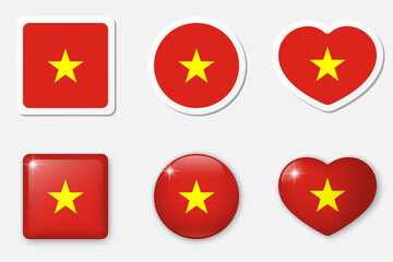 Flag of Vietnam icons collection. Flat stickers and 3d realistic glass vector elements on white background with shadow underneath.