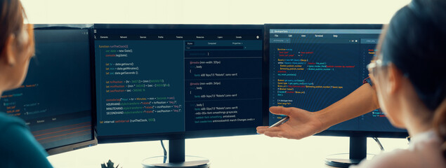 Young Professional website developer and cooperative computer engineer team brainstorming and sharing idea of program writing and coding at modern meeting room. Teamwork concept. Closeup. Burgeoning.
