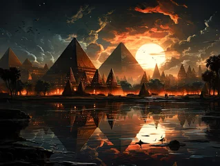 Foto op Canvas In an ink-style interpretation, pyramids come to life under the influence of cinematic lighting and reflection photography techniques. © cendeced