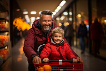 father and grandson in mall using shopping cart - obrazy, fototapety, plakaty