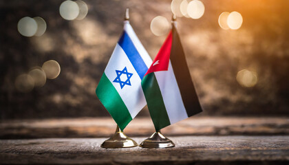 Israeli and Palestinian flags, side by side symbolize hope for a future of peace, unity, and...
