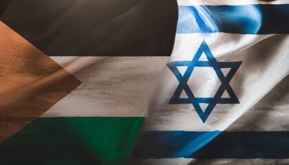 Israeli and Palestinian flags, side by side symbolize hope for a future of peace, unity, and...