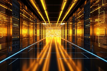 A 3D visualization of a data center corridor illuminated by yellow lights, designed for cloud computing and mining technology. Generative AI
