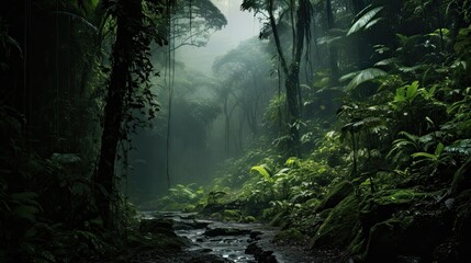 Rainforest with a fog concept, a luxuriant, dense forest rich in biodiversity, found typically in tropical areas with consistently heavy rainfall