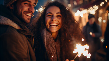 Obraz na płótnie Canvas Young happy friends burning festive sparklers on blurred background of Christmas market lights