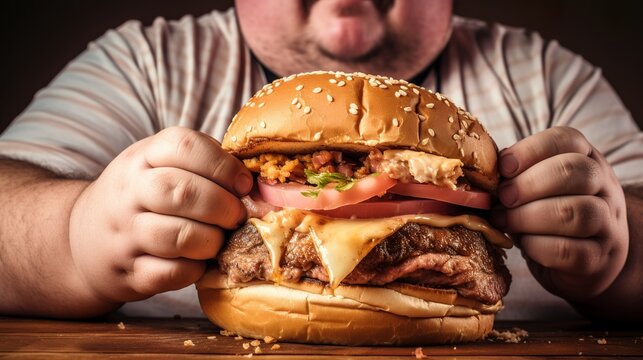 Diet failure: fat man eating a large fast food hamburger. Junk food leads to obesity. The concept of regular overeating. Generative AI