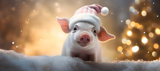 little pig in Santa's hat on Christmas tree background