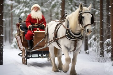 Fototapeta na wymiar Santa Claus in a red suit on a sleigh rushing through a snowy forest. The concept of Christmas