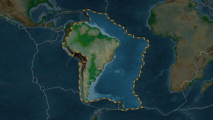 South American plate highlighted. Patterson Cylindrical. Physical