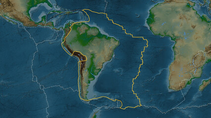 South American plate outlined. Patterson Cylindrical. Physical