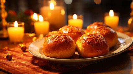 Obraz na płótnie Canvas A close-up of a plate of freshly baked saffron buns, a traditional St. Lucia Day delicacy, arranged beautifully set table. The buns are golden and fragrant, evoking the warmth lavor. generative ai