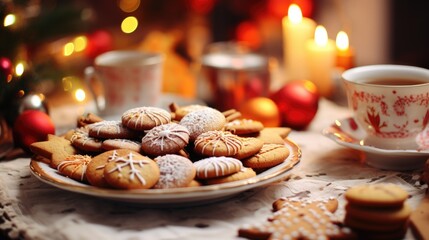 A close-up of a plate of traditional St. Nicholas Day cookies and sweets, beautifully arranged on a table. The treats include gingerbread cookies, candies, and spiced tea. generative ai