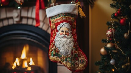 A close-up of a vibrant red St. Nicholas Day stocking hanging by the fireplace. The stocking is beautifully embroidered with festive designs red, christmas tree presents. generative ai