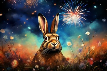 Festive hare amidst fireworks and holiday backdrop. Generative AI