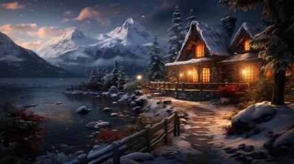 A cozy mountain cabin on a snowy evening, a warm, inviting glow emanating from the windows, showcasing a comfortable, winter retreat. The snow-covered landscape charm. generative a