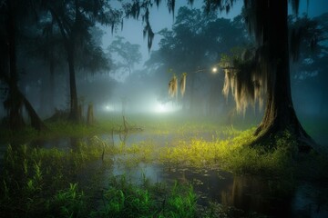 Misty swamp at twilight, fireflies illuminate serene beauty. Generative AI